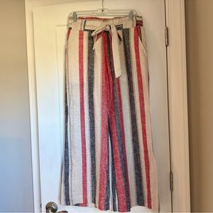 Striped Linen Wide-Leg Pants with Tie Waist